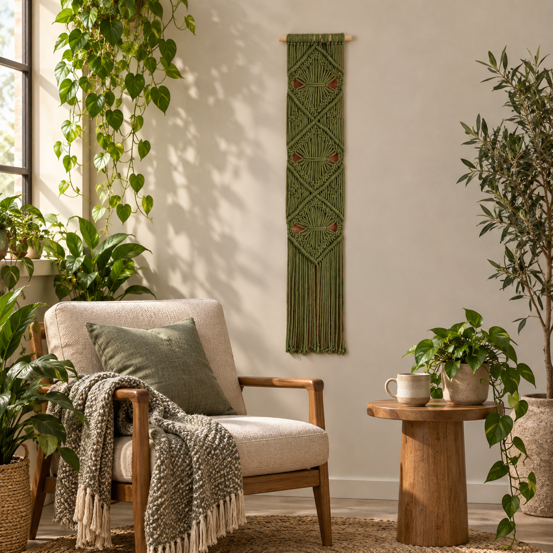 Olive macrame banner beside an armchair and plants in a reading corner