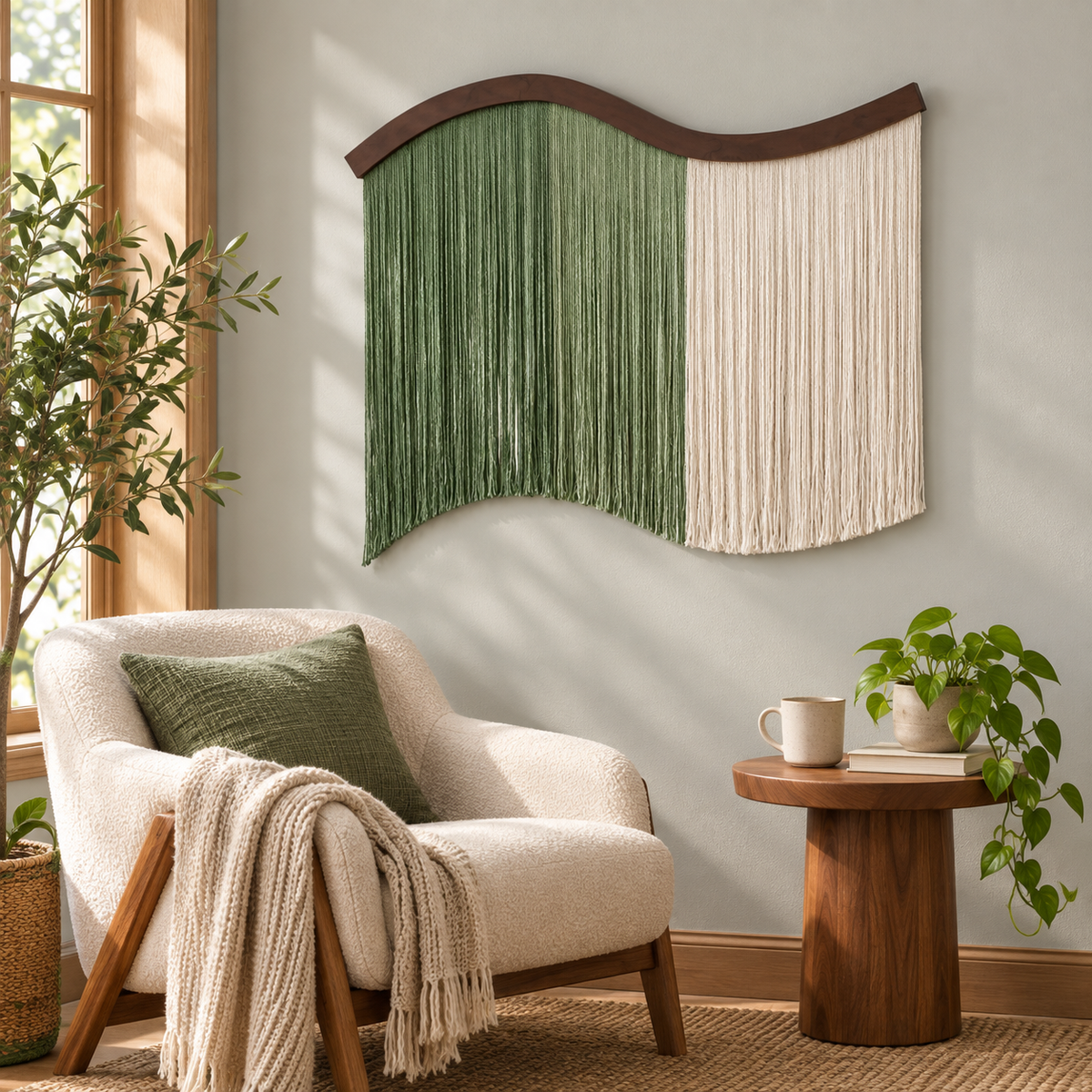 Reading nook beside an armchair, color block fringe curtain, twisted cord, dark stained wave-cut board