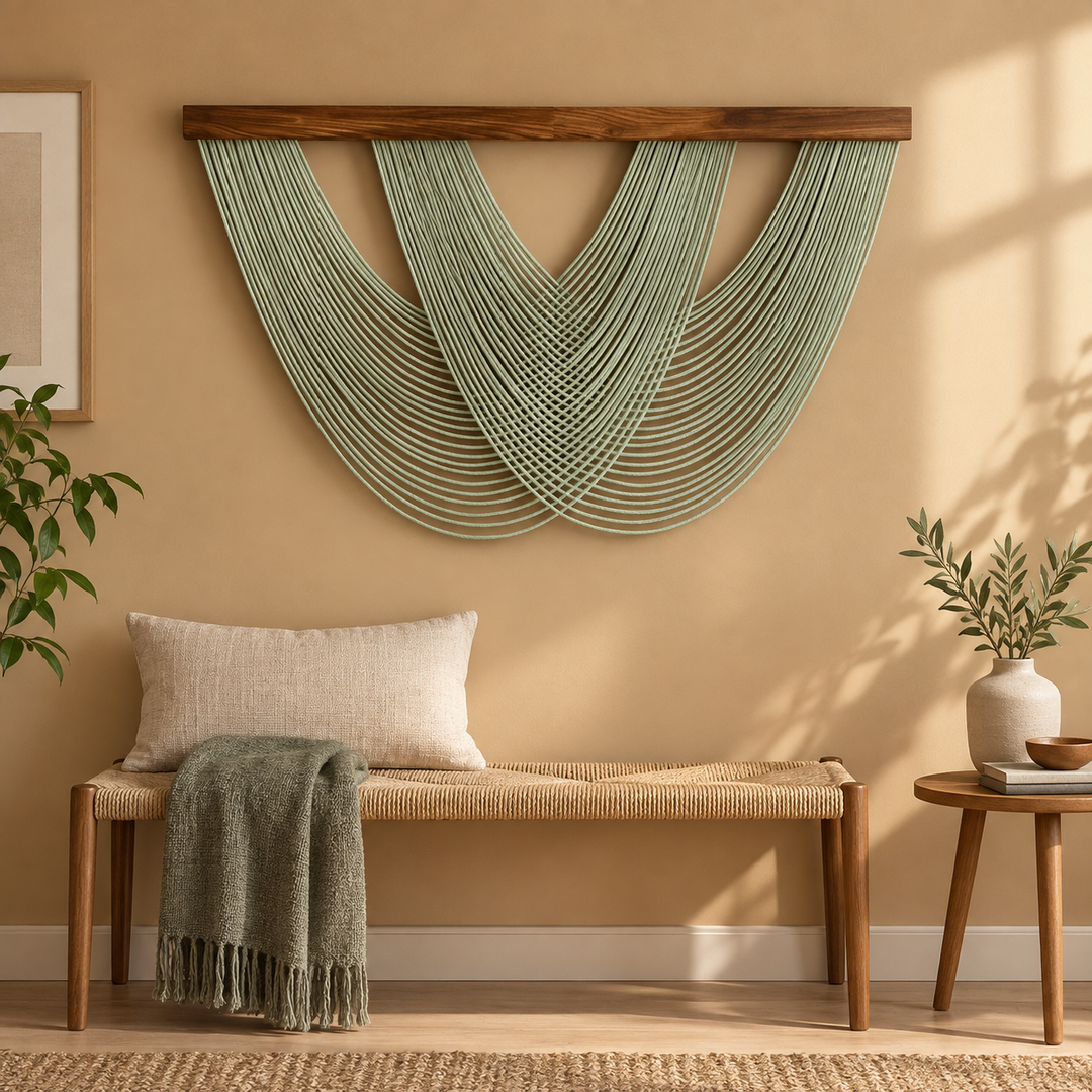 Studio apartment above a bench, woven lattice swag in 3 colors