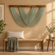 Studio apartment above a bench, woven lattice swag in 3 colors