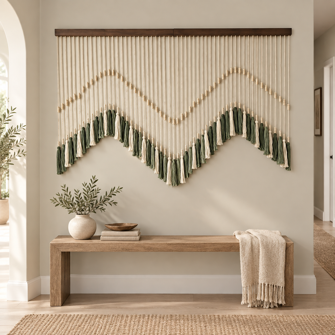 Hallway above a bench, zigzag bead and tassel curtain, twisted cord, round pale wooden beads