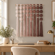 Home office above a desk, wrapped sphere grid in blush, wrapped yarn spheres, white binding cord