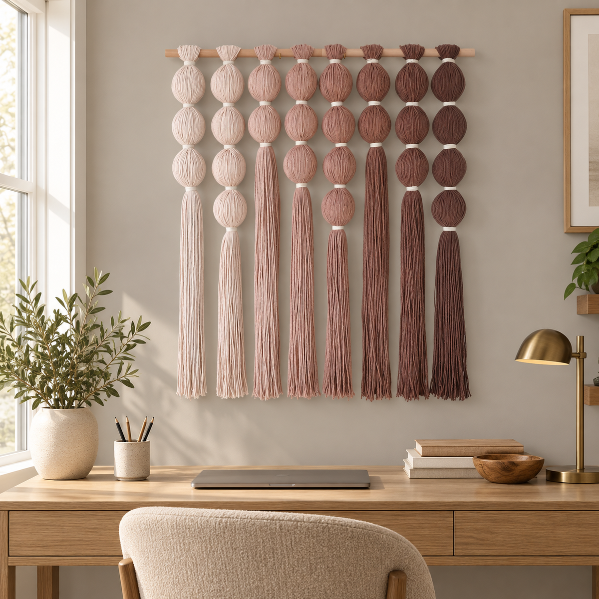 Home office above a desk, wrapped sphere grid in blush, wrapped yarn spheres, white binding cord