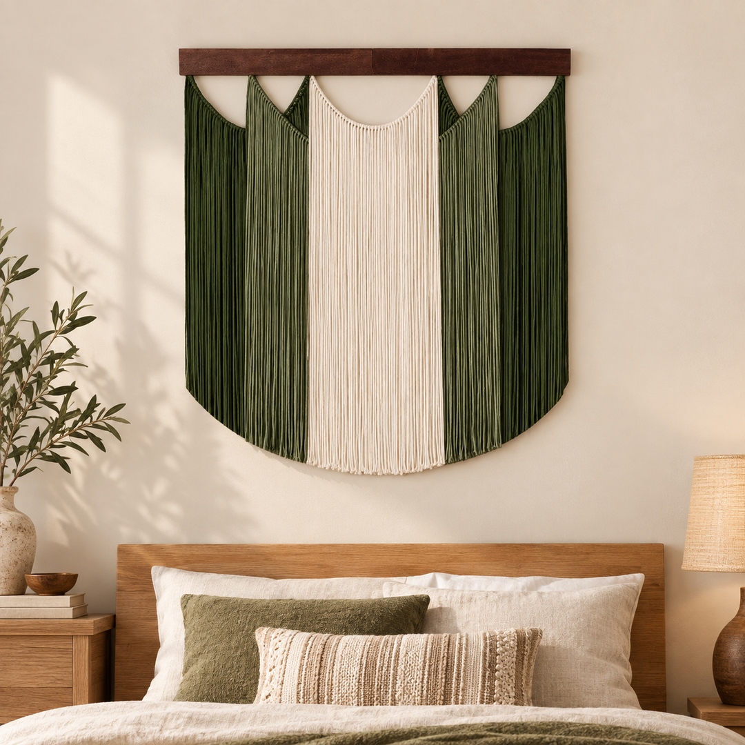 Homestay guest room above a bed, scalloped bands on dark wood
