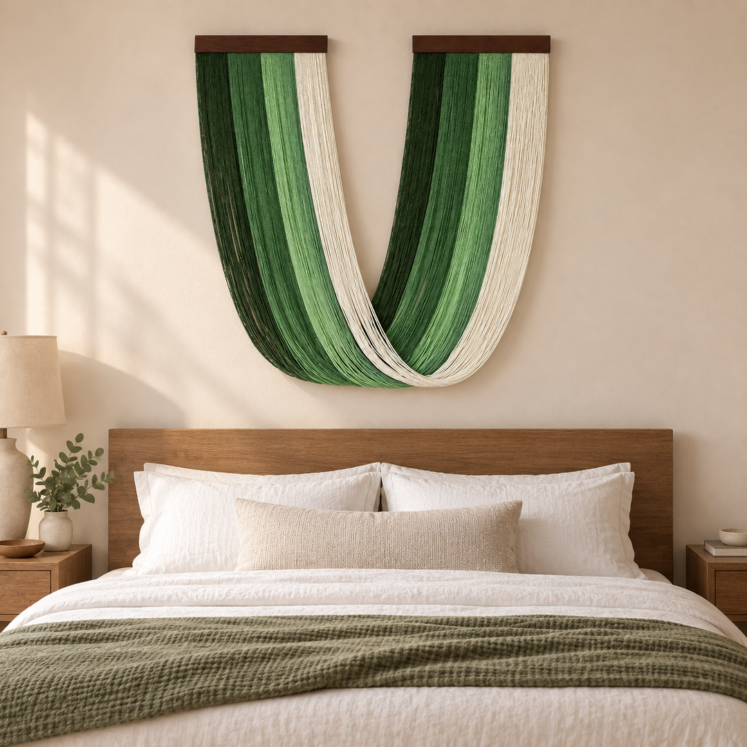 Green U swag fringe hanging above a bed in a hotel style bedroom