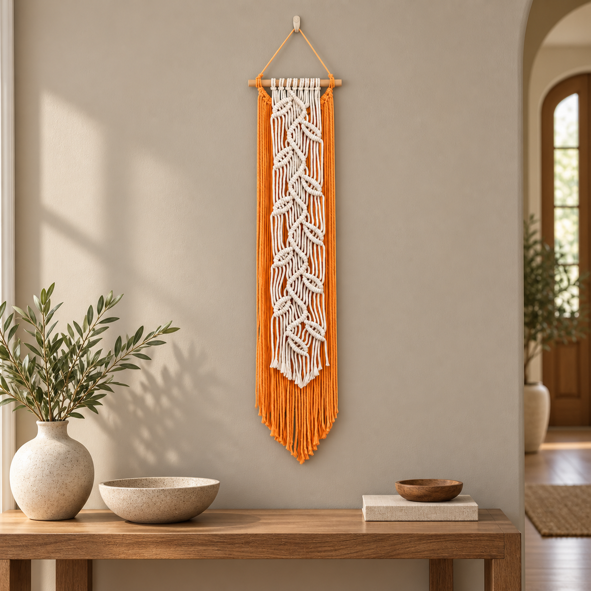 Orange macrame leaf banner above a wooden console in a hotel style entry