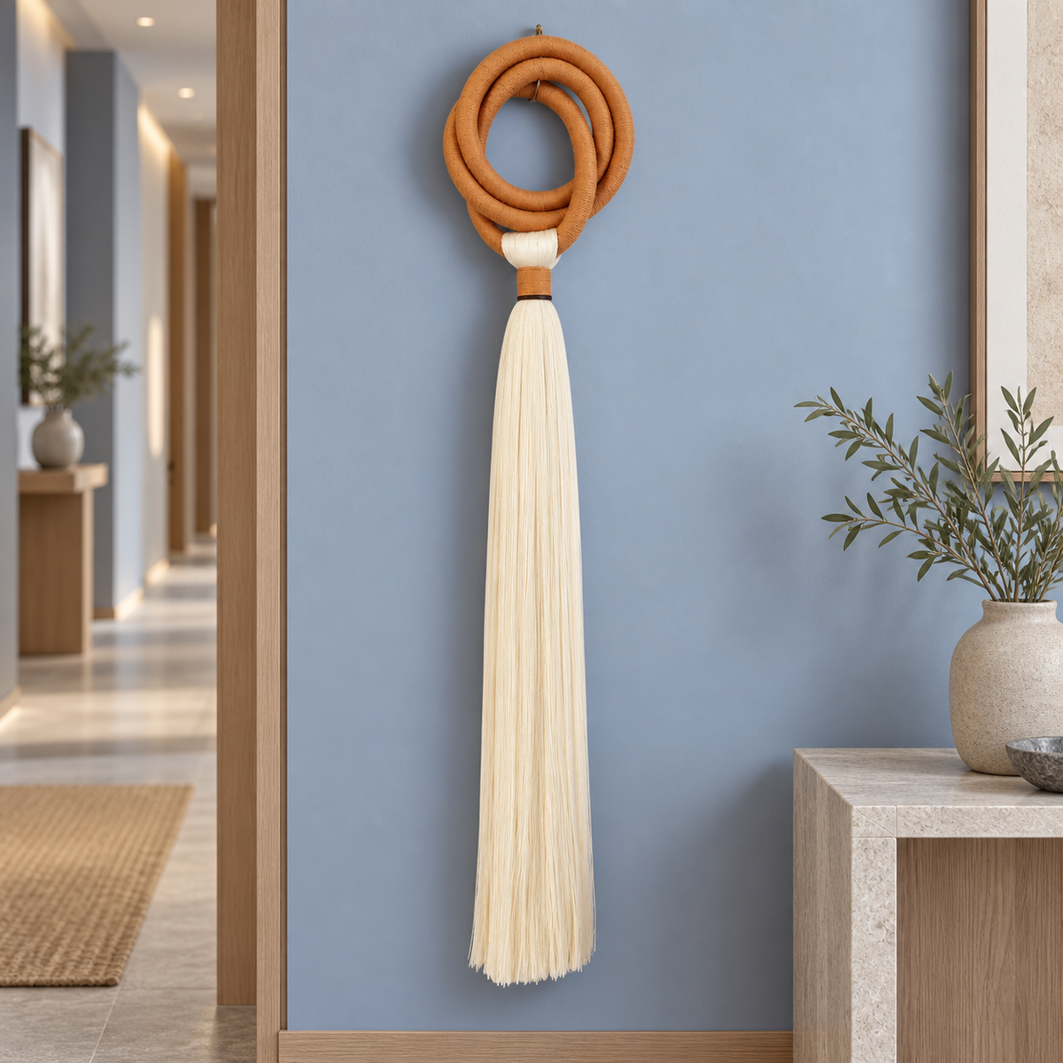 Hotel hallway on a blue wall, terracotta ring and long tassel