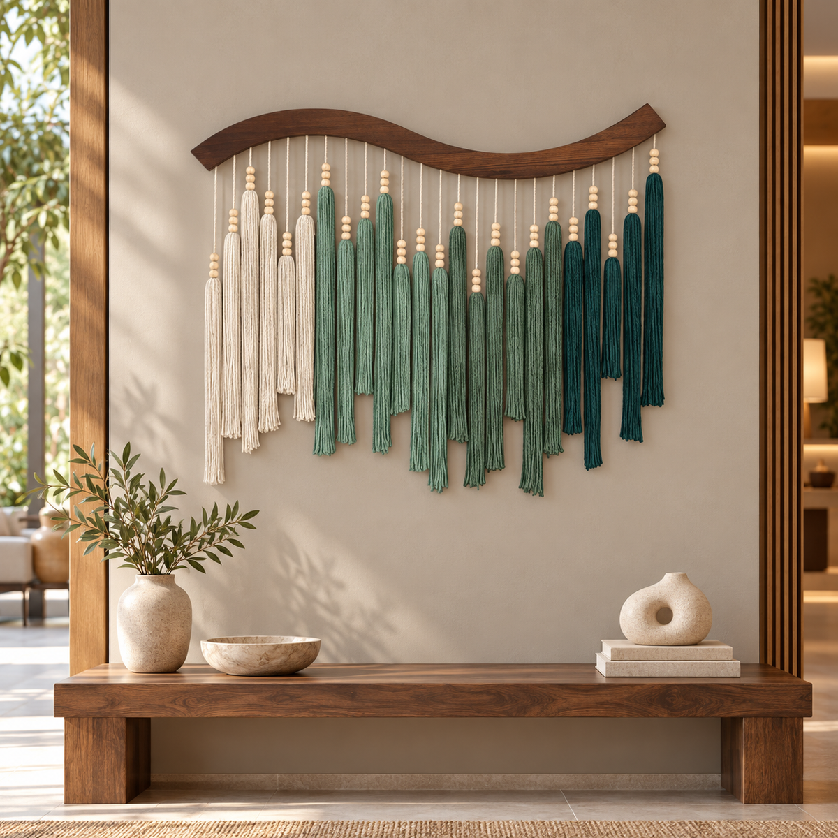 Hotel lobby above a dark wood bench, wave cut pole with graded beaded tassels