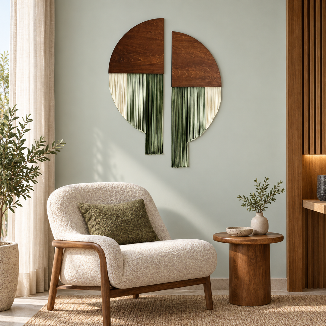 Split circle wall decor beside wood slat panelling above an armchair