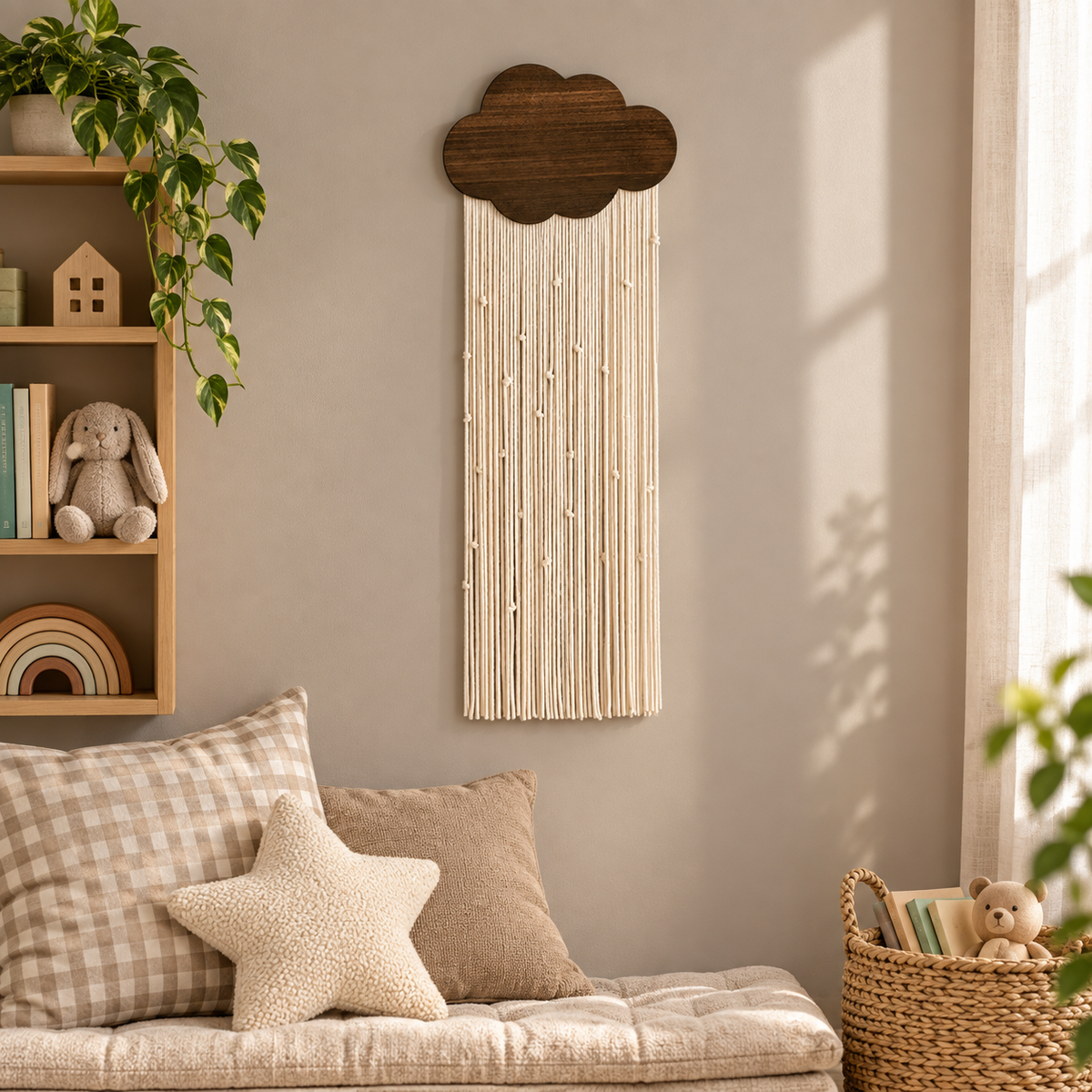 Kids reading corner with toy storage, rain cord in 4 colors, dark stained wood cloud panel, twisted cord with knotted detail
