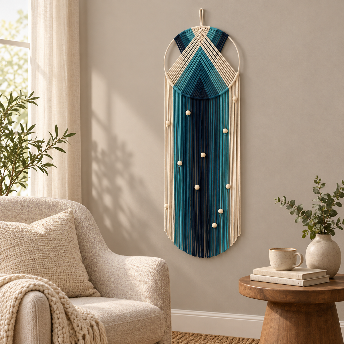 Blue chevron hoop wall hanging beside a boucle armchair in a reading corner