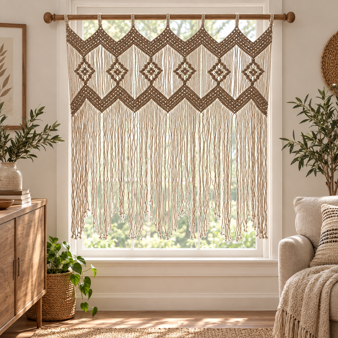 Living room window beside a sideboard, macrame window panel in 2 sizes