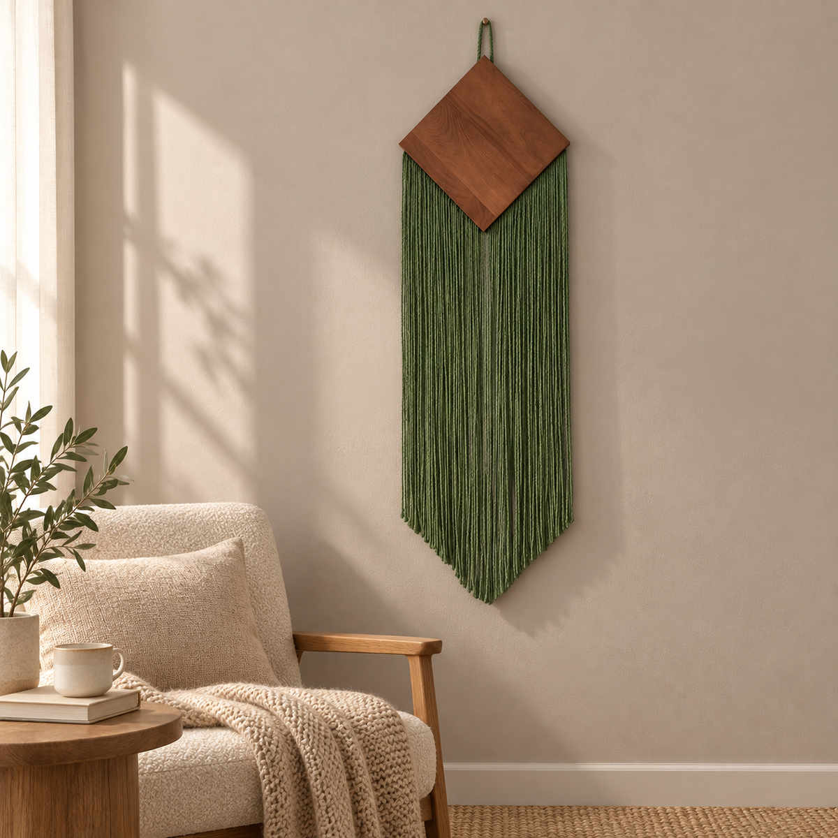 Minimal reading corner beside an armchair, wood diamond over a narrow chevron fringe