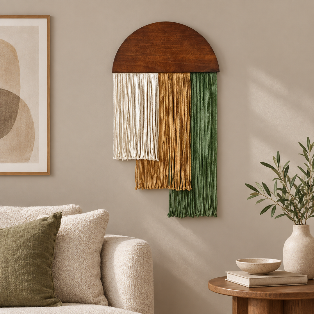 Minimal living room beside a sofa, wood dome over three stepped fringe blocks