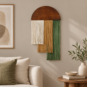 Minimal living room beside a sofa, wood dome over three stepped fringe blocks