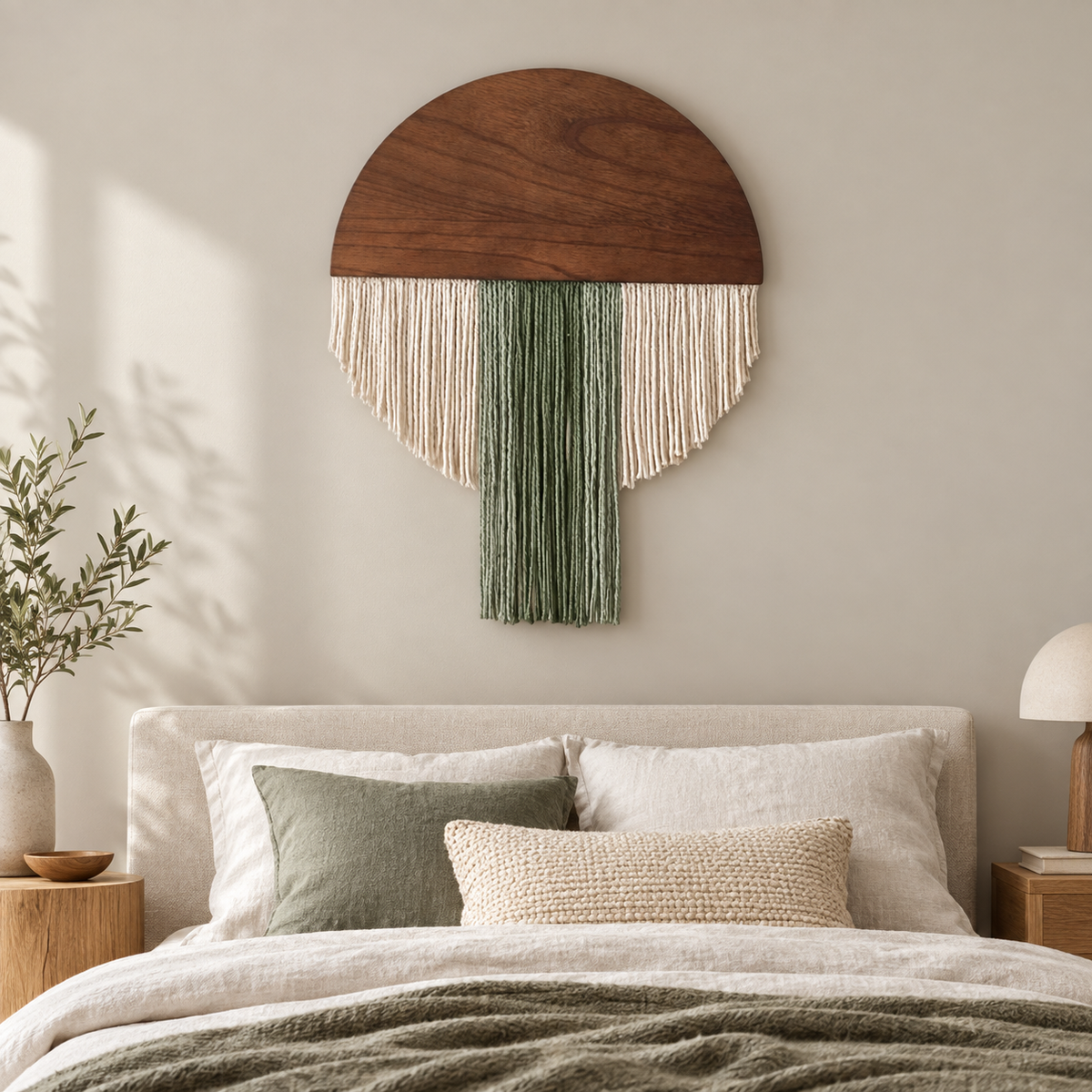 Nordic bedroom above a bed, wood half disc in four fringe silhouettes