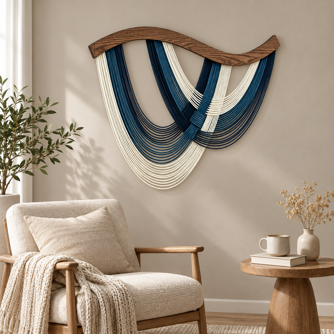 Nordic reading corner above a boucle chair, crossed swags on wood