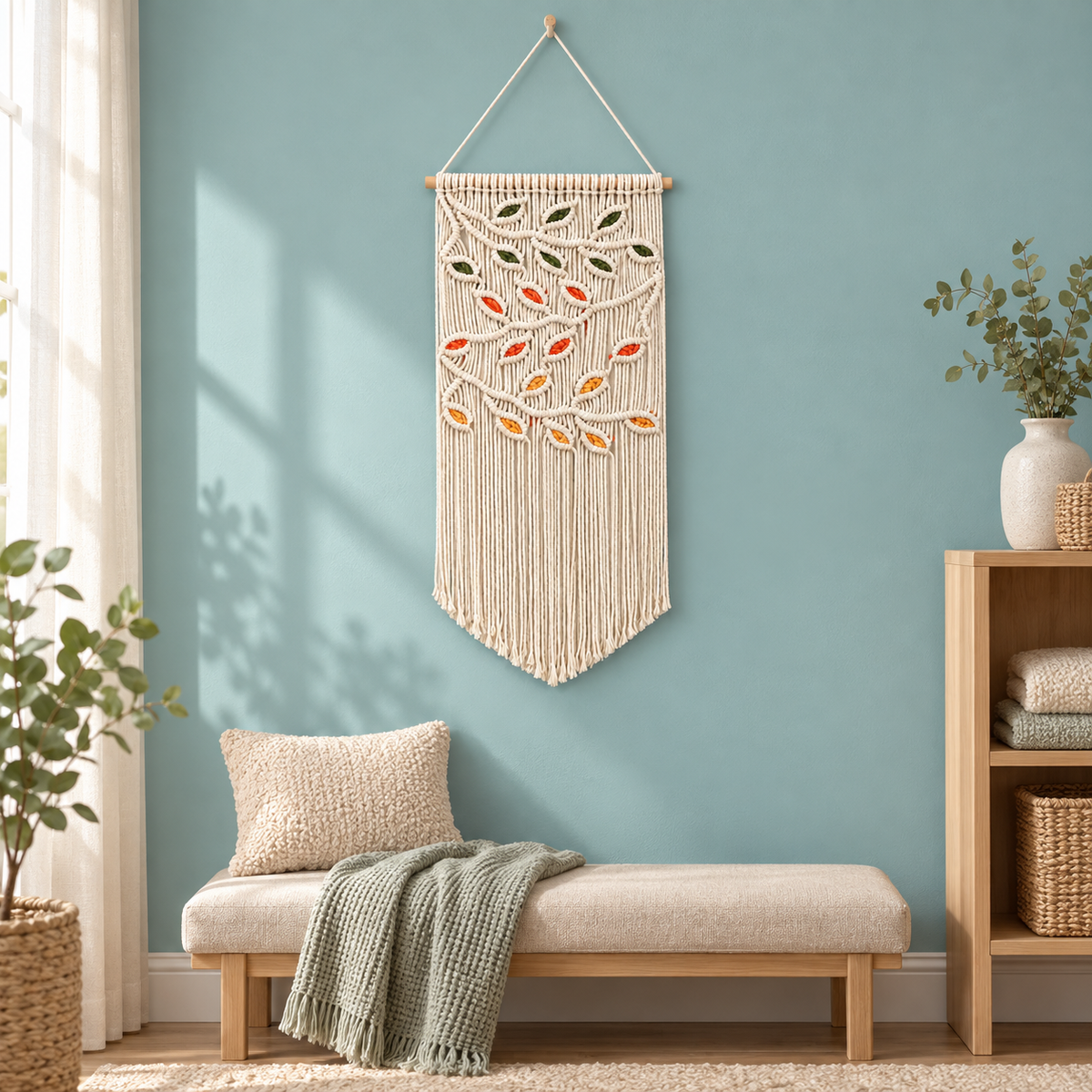 Autumn leaf macrame pennant above a bench on a soft blue nursery wall