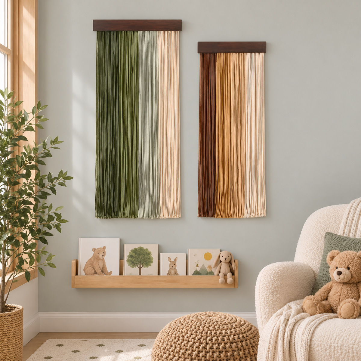Fringe panel pair above a picture ledge in a nursery reading corner