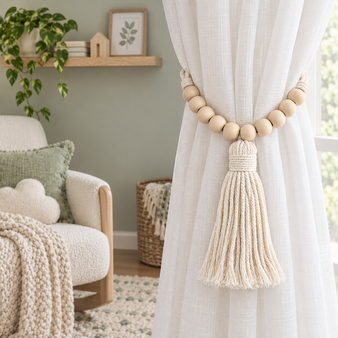 Beaded cotton curtain tie back on a white curtain in a nursery reading corner