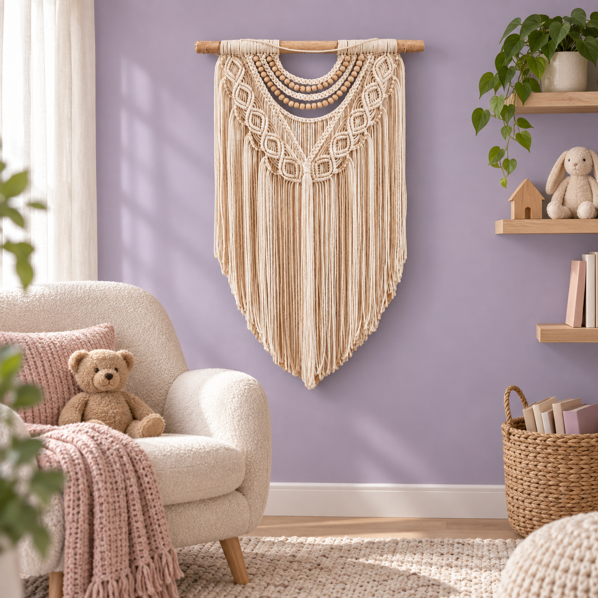 Macrame wall hanging on a lilac nursery wall beside a boucle chair and toys