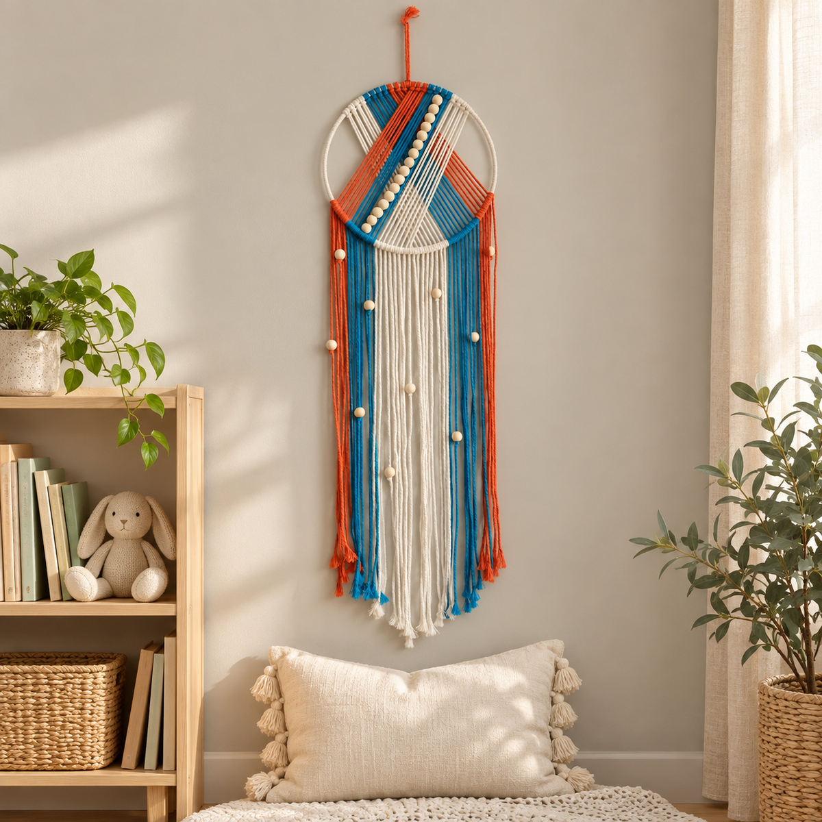 Nursery reading nook beside a bookcase, beaded hoop with chevron and fringe
