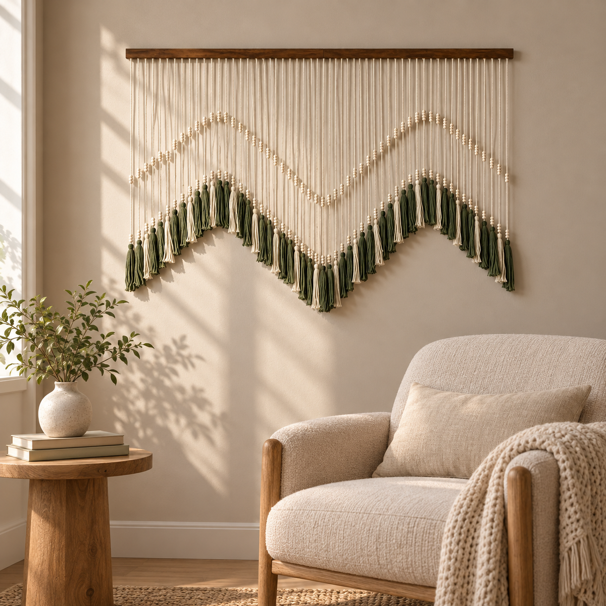 Reading nook beside an armchair, beaded zigzag tassel panel, m or n wave