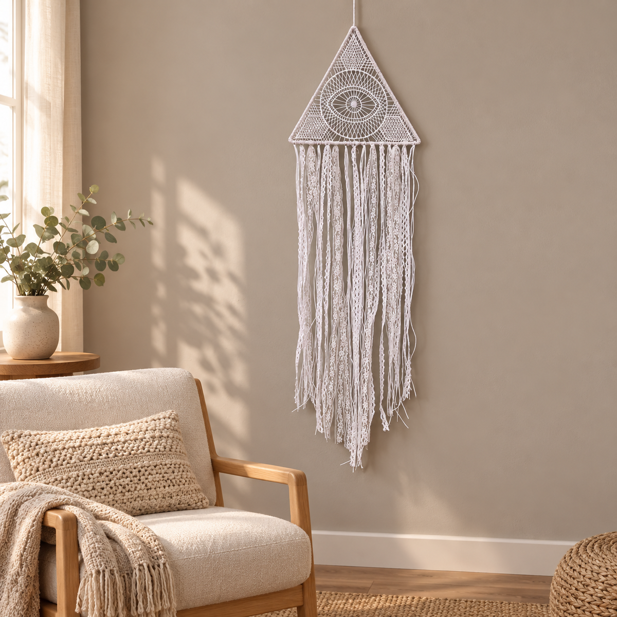 Reading nook beside an armchair, hoop, moon or eye triangle, fine knotted and crocheted cord, wrapped hoop or frame