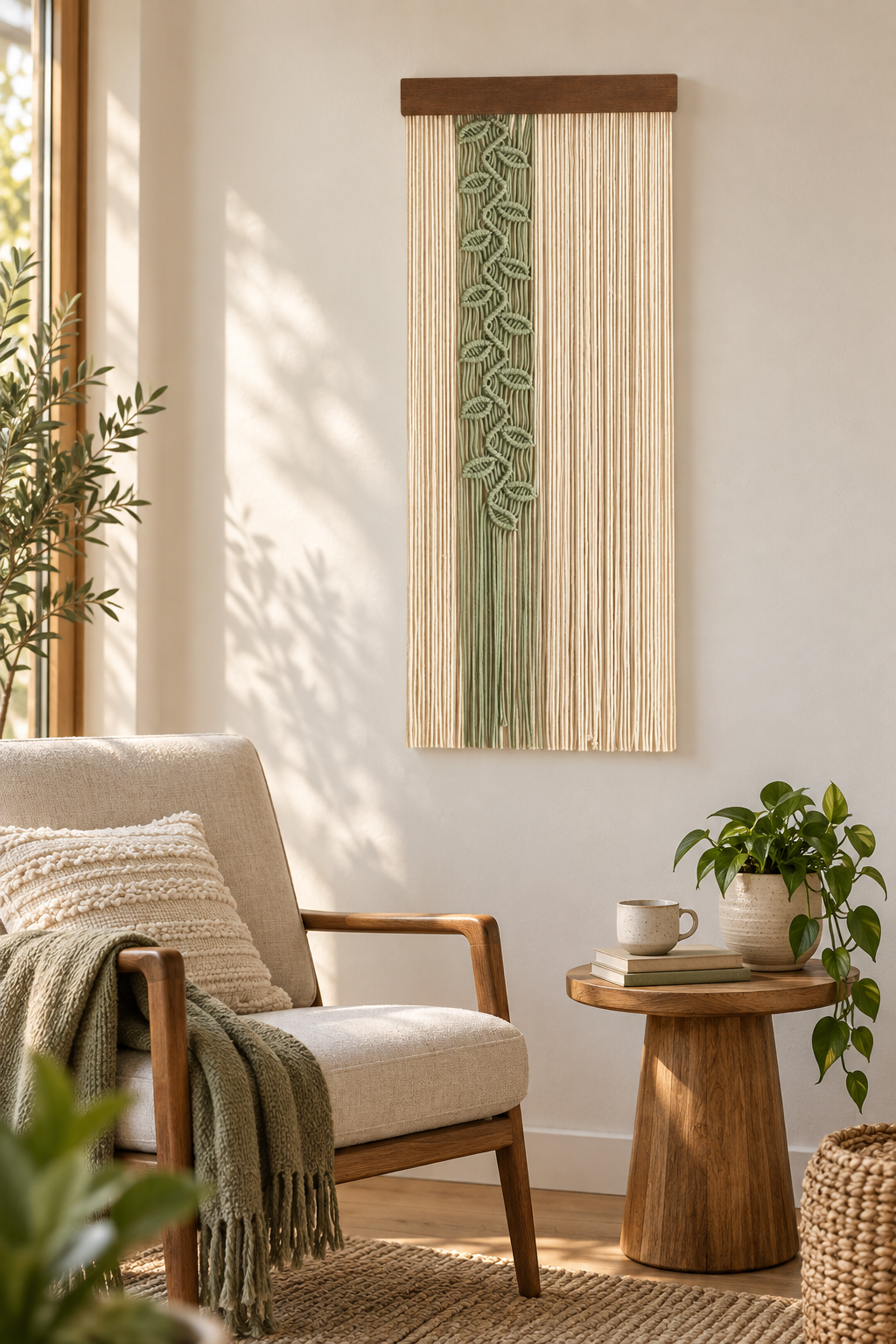 Reading corner beside an armchair, sage leaf vine panel, twisted cord, dark stained wood batten