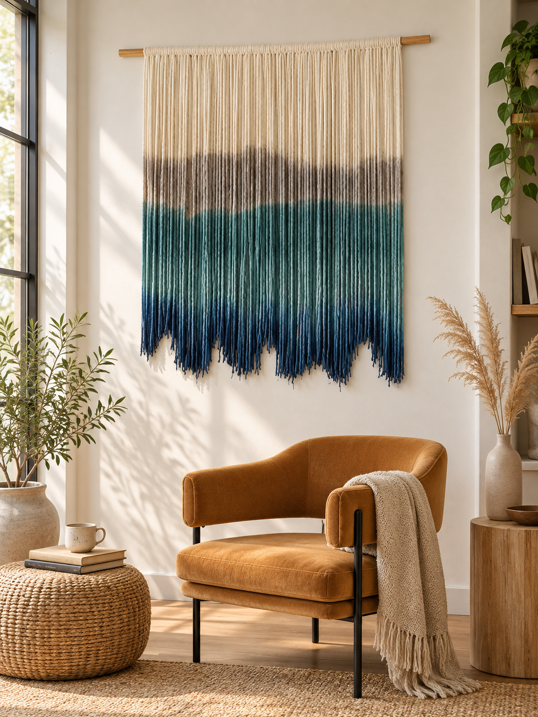 Reading corner beside an armchair, dip dyed fringe, 5 sizes, fine twisted cord, natural wooden pole