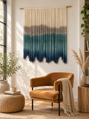 Reading corner beside an armchair, dip dyed fringe, 5 sizes, fine twisted cord, natural wooden pole