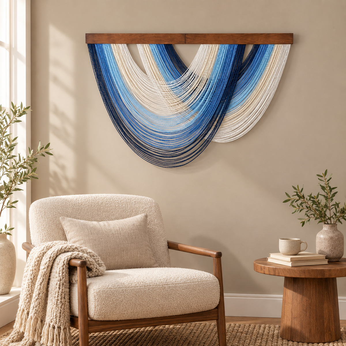 Reading corner above a boucle chair, graded swag fan in four colorways