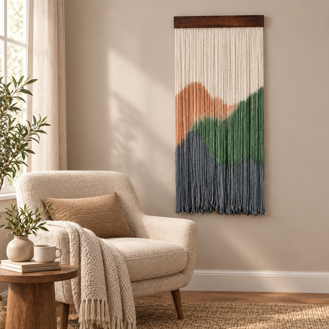 Dip dye wall hanging beside a boucle armchair in a sunlit reading corner
