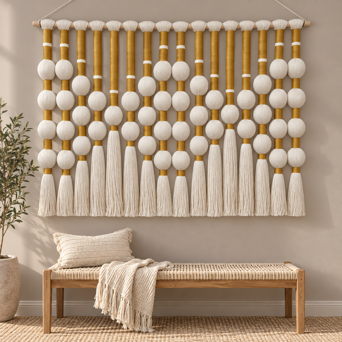 Used as a room divider backdrop behind a bench, bead grid and tassels