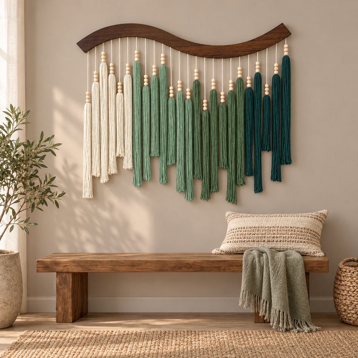 Tassel wall hanging with a wave batten above a rustic wooden bench