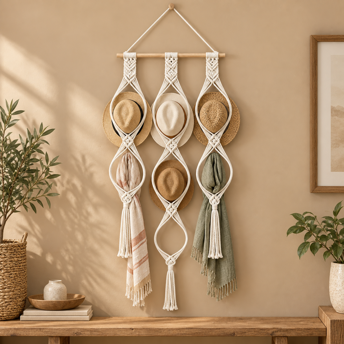 Macrame hat rack holding two hats and two scarves above a studio bench