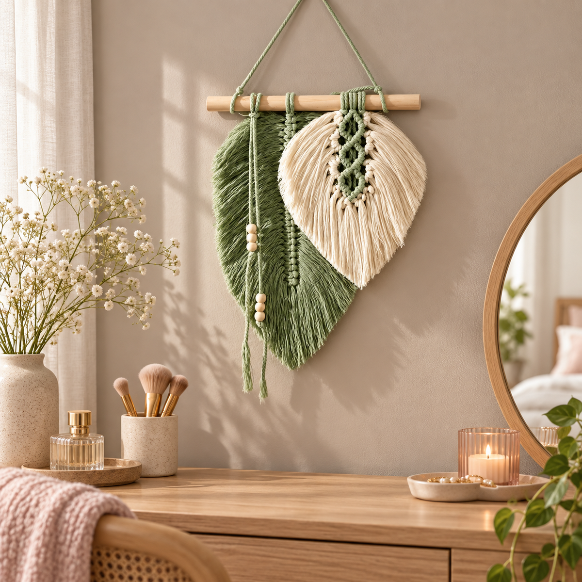 Leaf wall hanging above a vanity dresser beside a round mirror and candle