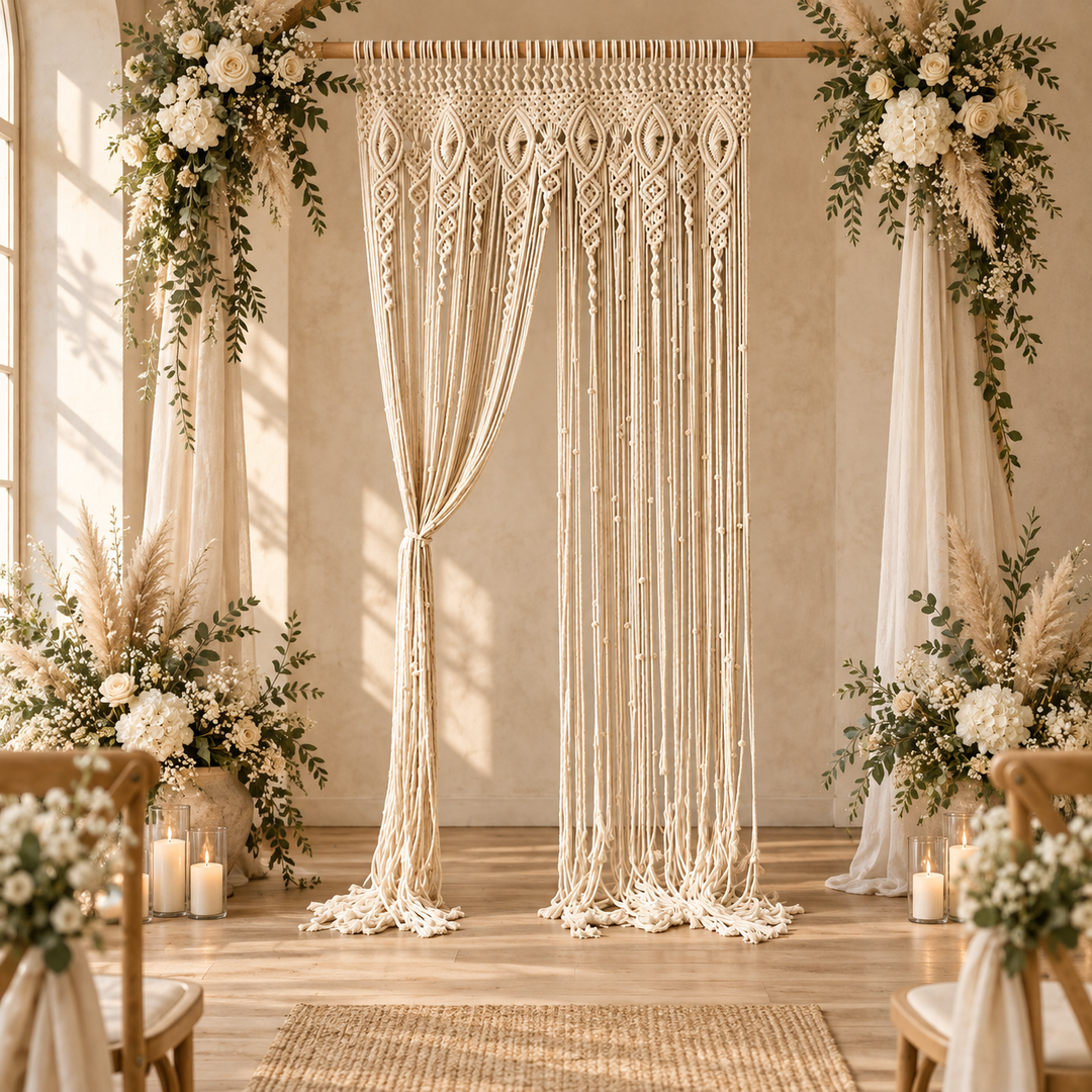 Macrame curtain used as a wedding backdrop between florals and candles