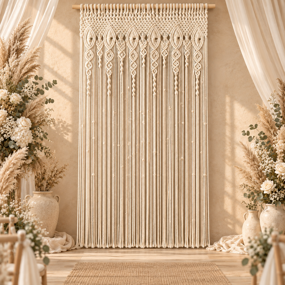 Macrame curtain used as a wedding backdrop with florals and pale drapery