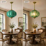 Dining room with a green pendant light before and after turning on.