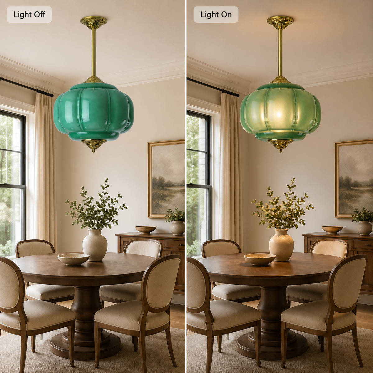 Dining room with a green pendant light before and after turning on.