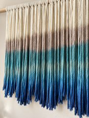 Macro of the dip dyed bands blurring from cream into blue, dip dyed fringe, 5 sizes