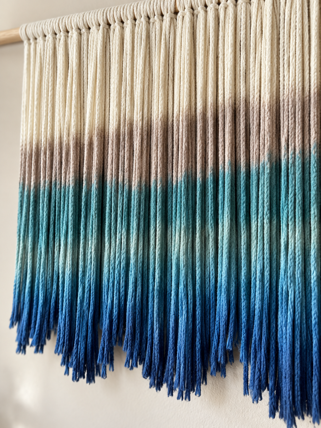 Macro of the dip dyed bands blurring from cream into blue, dip dyed fringe, 5 sizes