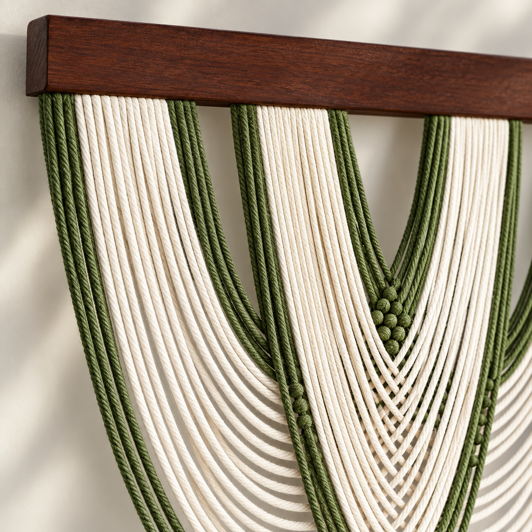 Macro of the batten and the green cords with beads, 5 swag shapes across 16 colorways
