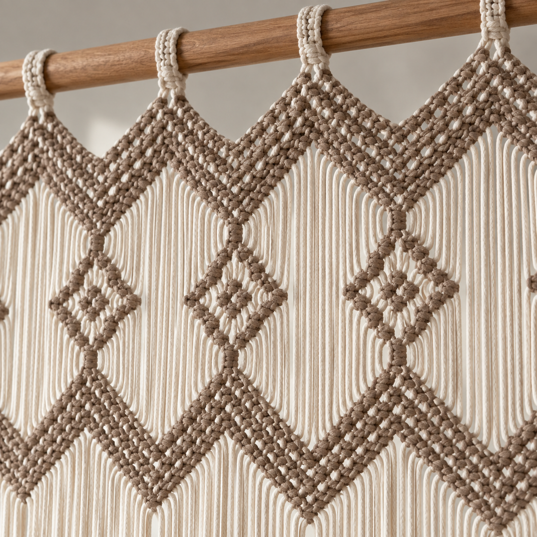 Macro of the taupe diamond band over the cream cords, macrame window panel in 2 sizes