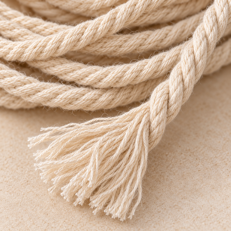 Macro of the three-strand twist and a combed cut end, 2 to 10 mm twisted cord on a spool