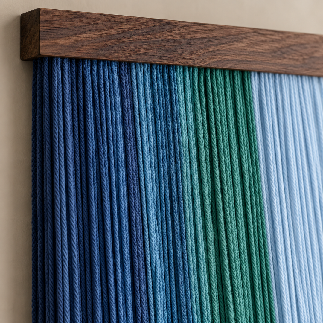 Macro of the blue, teal and pale blue cords meeting the batten