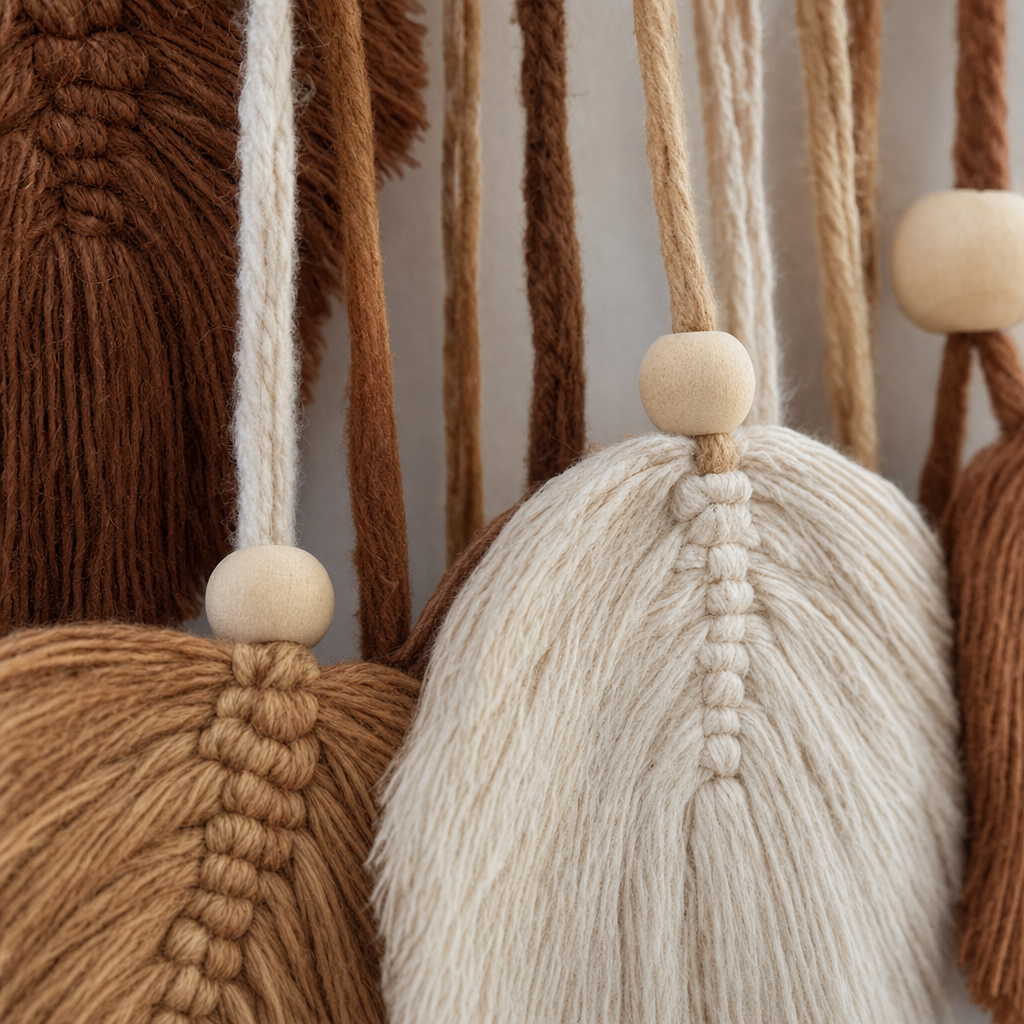 Close view of the cord and knotwork on the Beaded Cord Wall Garland, 120 cm, Leaf or Tassel Ends