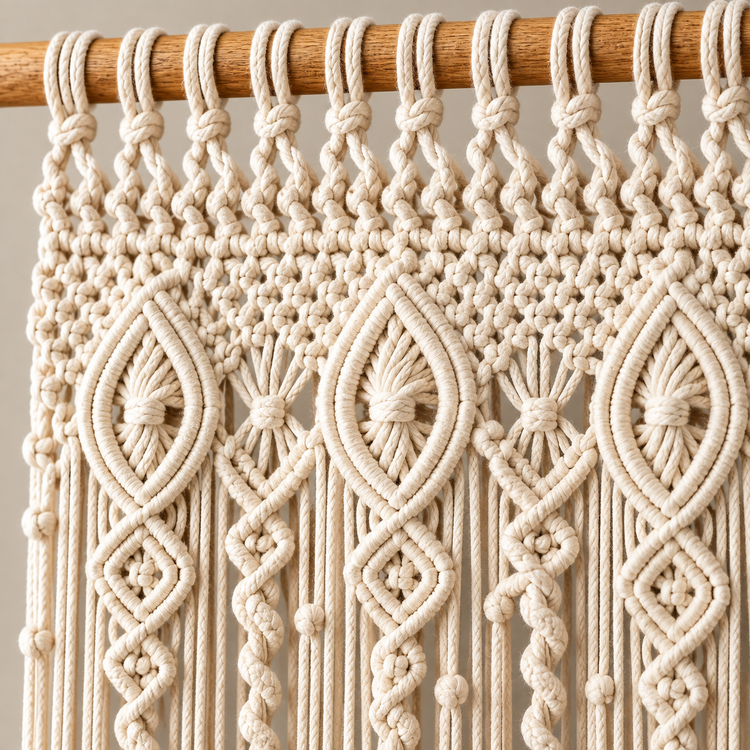 Close view of the knotted leaf and spiral header on the wooden curtain rod