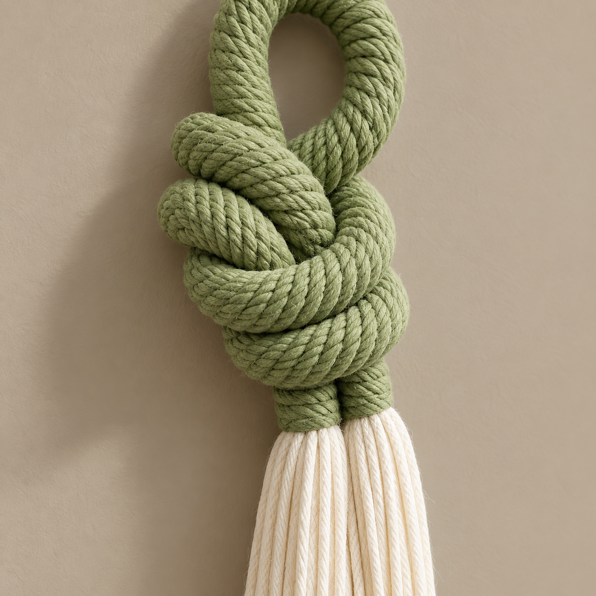 Macro of the green knot and the cream tassel head, rope knot with a cream tassel